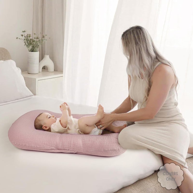 Termichy Baby Lounger Covers Muslin: Soft and Breathable Slipcover for Snuggle Me Lounger - Machine Washable & Zipper-Free for Safe Daily Use - Pink & Blush for Girls - Image 2